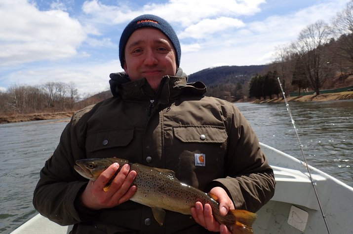 delaware river brown trout caught while fly fishing on a guided fly fishing float trip down the west branch of the delaware river with jesse filingo of filingo fly fishing